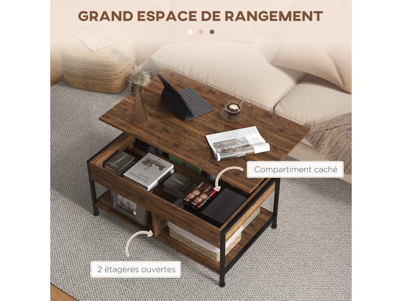 Table basse relevable table de salon compartiment caché 2 étagères inférieures 100 x 80 x 60 cm noir marron rustique - Conforama E