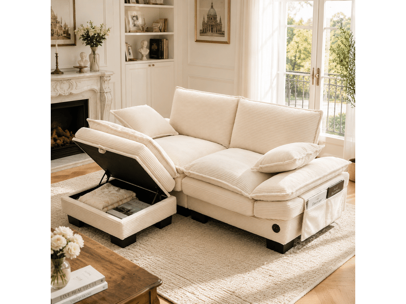 Canapé modulable, canapé 2 places – en velours tricoté, poches latérales, beige, mousse haute densité, port usb, avec pouf - Conforama A