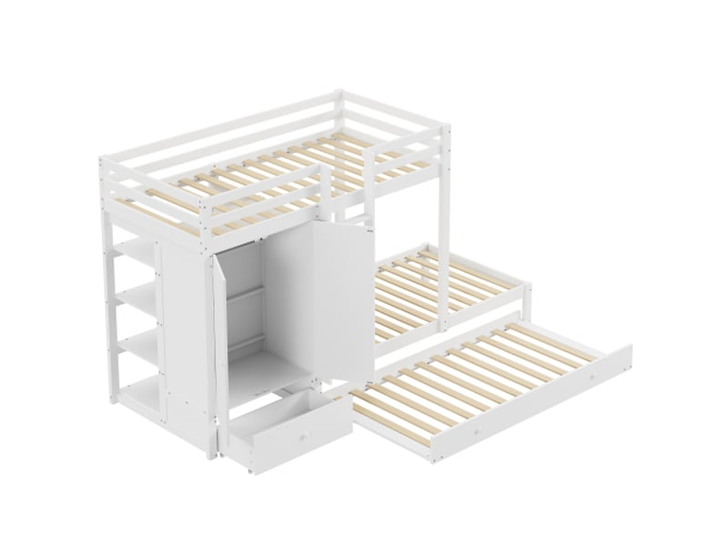  Lit enfant 90x200cm,lit superposé,lit gigogne en bois massif avec armoire,tiroirs,étagère,échelle et garde-corps,blanc lit enfant blanc - Conforama E