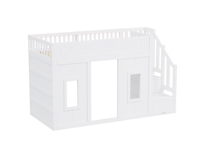  Lit mezzanine enfant 90x200 cm avec escalier de rangement et led, blanc, sans matelas  - Conforama E