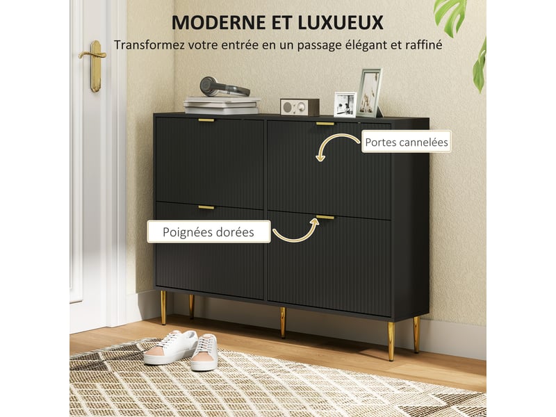  Meuble à chaussures 20 paires avec 4 tiroirs rabattables, portes cannelées et étagères réglables, 105x24x91,5cm, noir  - Conforama E