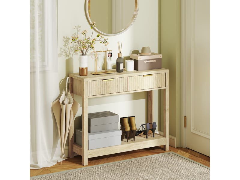  Console meuble 90 cm, table console étroite avec 2 tiroirs rainurés et étagère, bois naturel, style moderne  - Conforama A