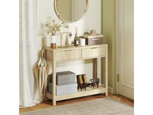 Console meuble 90 cm, table console étroite avec 2 tiroirs rainurés et étagère, bois naturel, style moderne