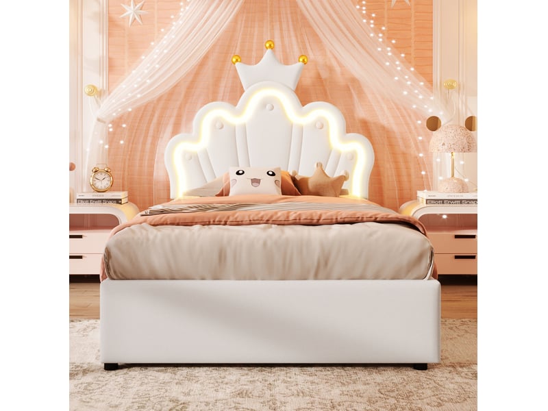  Lit coffre enfant 90x200 cm avec led tête de lit couronne blanc  - Conforama D