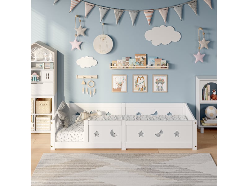  Lit simple enfant  90x200 cm - lit évolutif 90x200cm - lit avec barrière de sécurité - motifs étoiles et lune - lit au sol - structure bois massif - blanc  - Conforama D