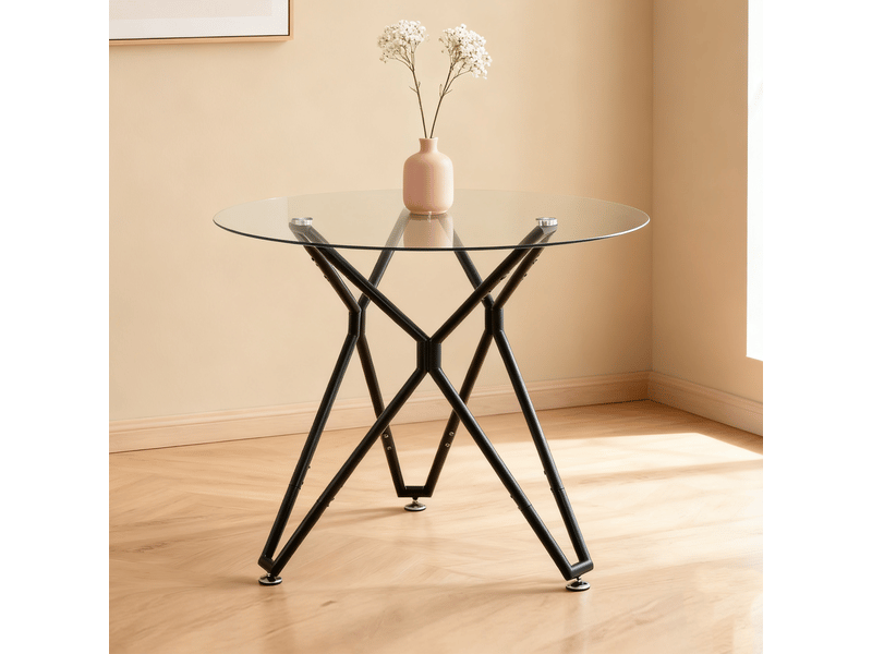  Table ronde 90 cm en verre trempé pour 1 à 4 personnes, avec pieds en métal noir  - Conforama E