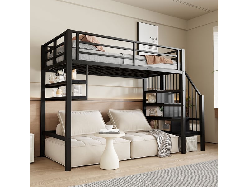  Lit mezzanine enfant 90x200 cm avec escalier de rangement et étagères noir  - Conforama B