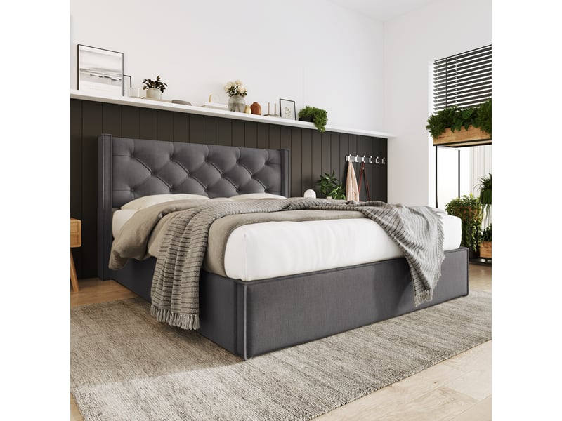  Lit rembourré 140x200cm avec rangement hydraulique, coton gris, matelas inclus, sommier à lattes, confortable  - Conforama E