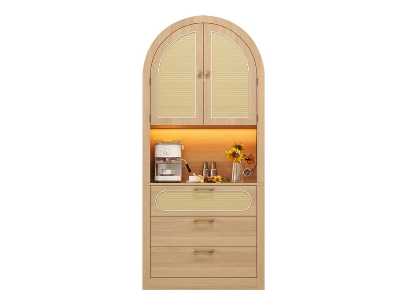  Buffet haut arqué 80x35x180 cm meuble de rangement avec 2 portes effet cannage, niche led multicolore, 3 tiroirs, mdf,pb, effet chêne clair  - Conforama A