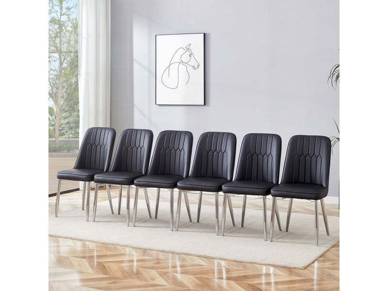  Chaise de salle à manger assise élargie chaise repas similicuir noir design moderne et minimaliste dossier pieds en métal argenté  - Conforama B