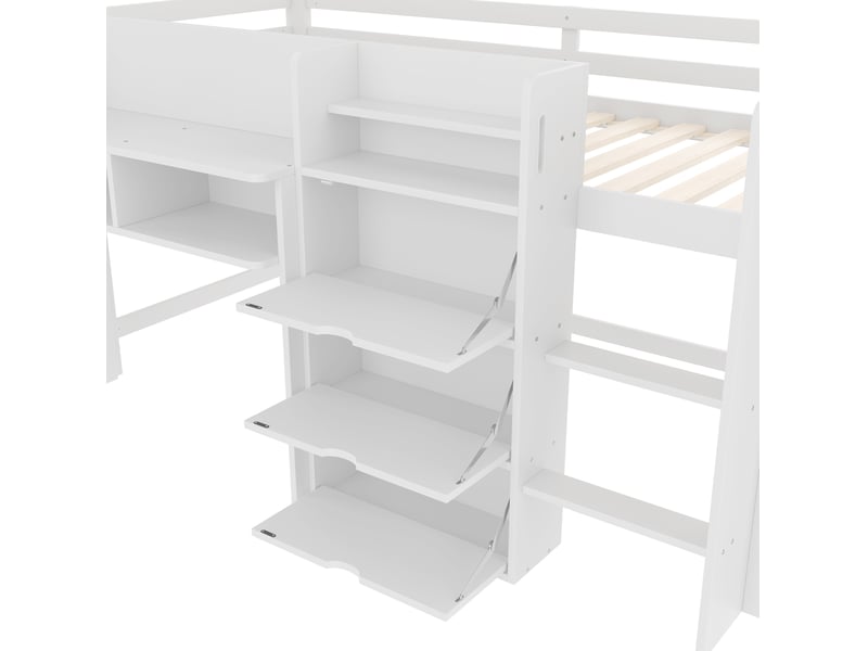  Lit mi-hauteur enfant 90x200 cm forme maison avec rangements bois mdf blanc sans matelas  - Conforama D