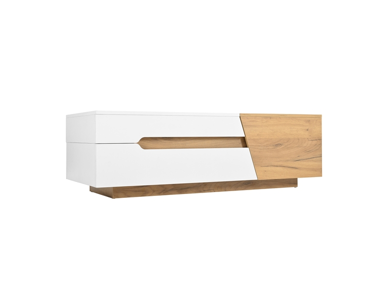 Table basse avec plateau coulissant, 2 tiroirs et compartiments de rangement, en mdf, blanc et bois naturel - uvrion - Conforama A
