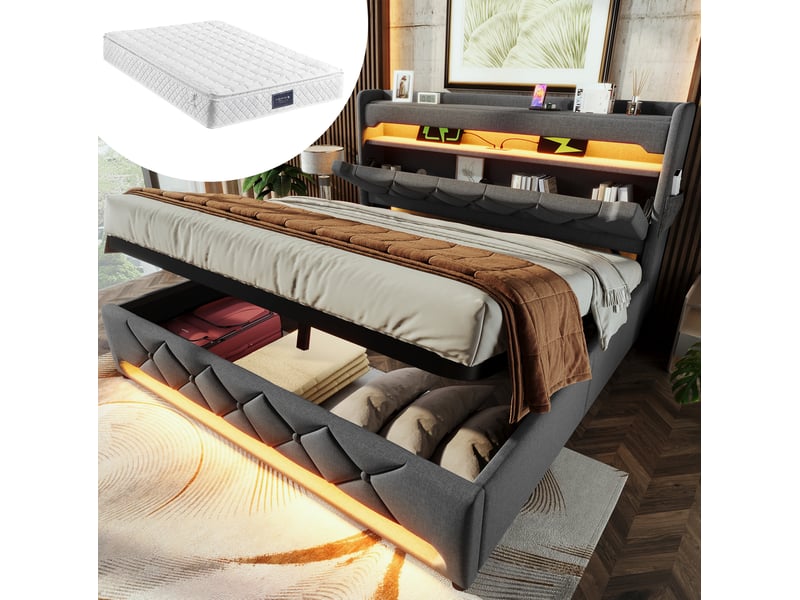  Lit coffre 160 × 200 cm 2 places avec led 360 degrés, rangements, usb et type-c, matelas inclus, tissu gris  - Conforama B