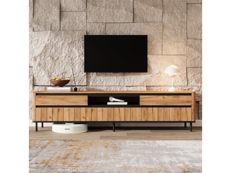  Ensemble meuble tv et buffet de salon, finition bois naturel avec accents noirs, meuble tv 180 cm pour téléviseur 75 pouces  - Conforama D