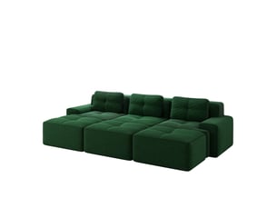Canapé d’angle modulaire 3 places avec fonction couchage, assise profonde et 3 poufs en velours côtelé vert