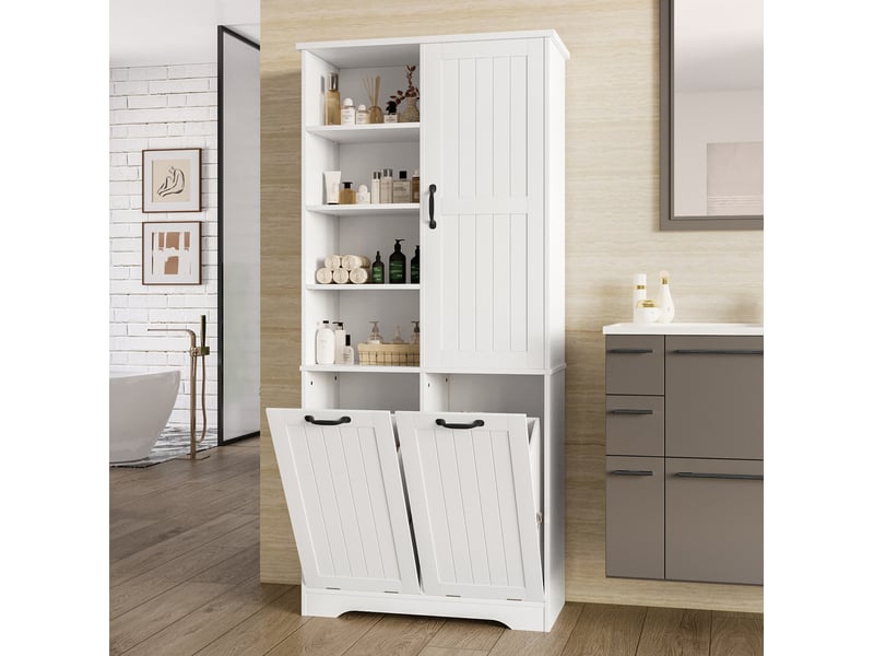  Armoire de salle de bain 78 x 35 x 172,7 cm – blanche – 2 paniers à linge et rangements modulables pratiques  - Conforama B