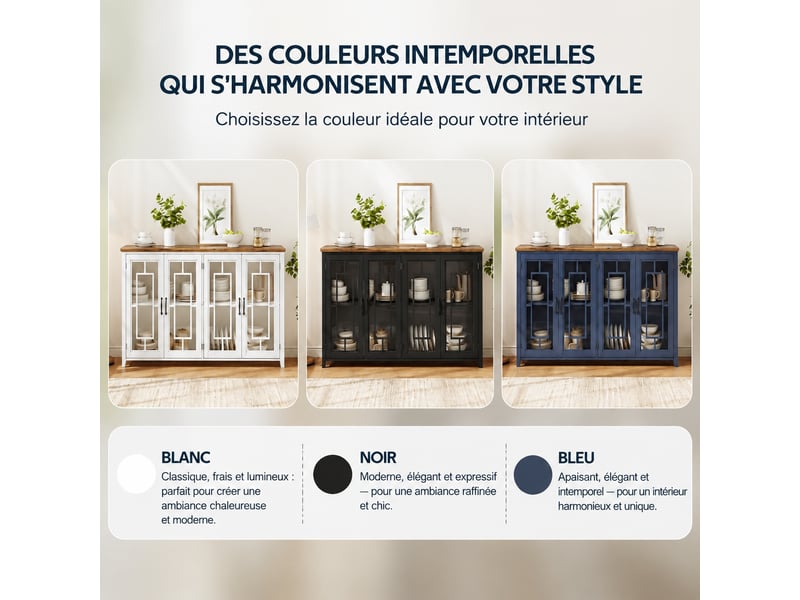  Buffet de cuisine 160 cm avec portes vitrées, rangement spacieux et plateau aspect bois, blanc et marron  - Conforama D