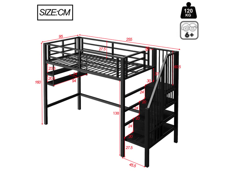 Lit mezzanine 90x200cm coloris noir métal lit enfant noir - Conforama C