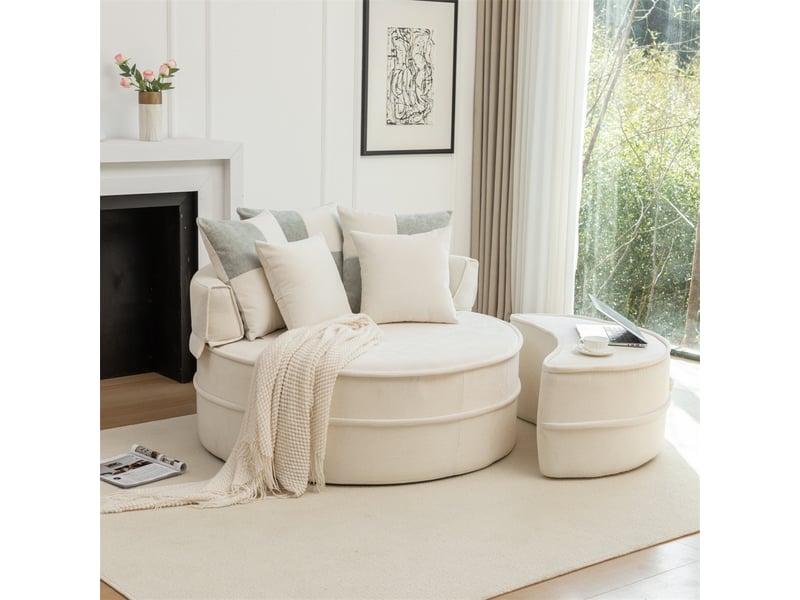  Canapé rond avec 5 coussins et repose-pieds - 163x121x66cm - fauteuil lounge sans structure en chenille douce - beige  - Conforama B