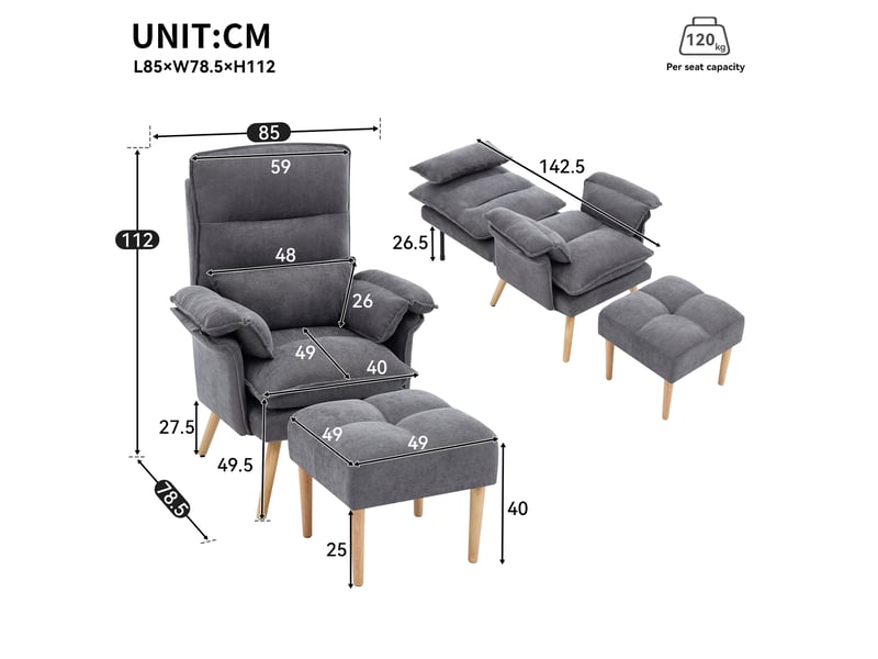  Fauteuil relax avec pouf, dossier réglable 5 positions et coussin d'appui, assise ergonomique en lin gris  - Conforama D