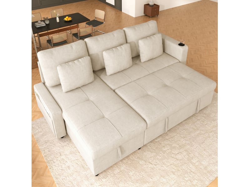  Canapé convertible 3 places avec méridienne, coffre, porte-gobelet et rangement latéral en chenille beige clair  - Conforama C