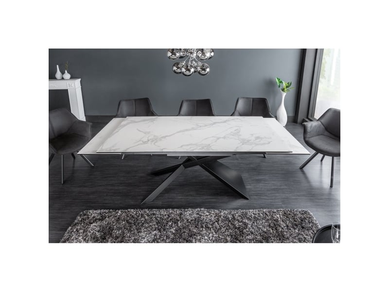  Table stelix 180–220–260 cm – plateau en céramique effet marbre blanc et verre trempé – extensible avec pieds en métal noir  - Conforama E