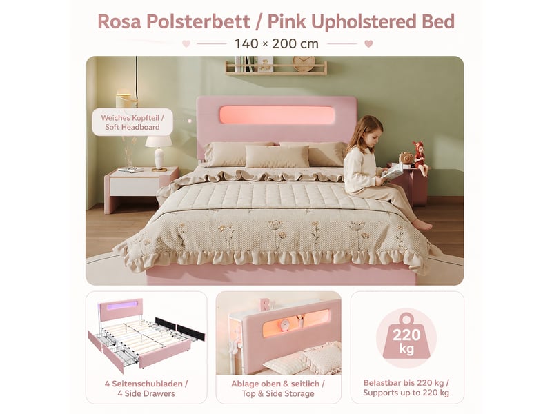 Lit enfant rembourré 140x200 cm en velours avec rangement, tête de lit avec étagères, 4 tiroirs, éclairage led - rose - Conforama E
