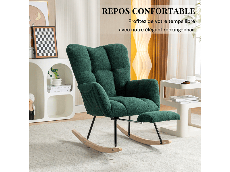 Fauteuil à bascule vert rocking chair tissu teddy avec repose-pieds, 110kg, design moderne et ergonomique - Conforama E
