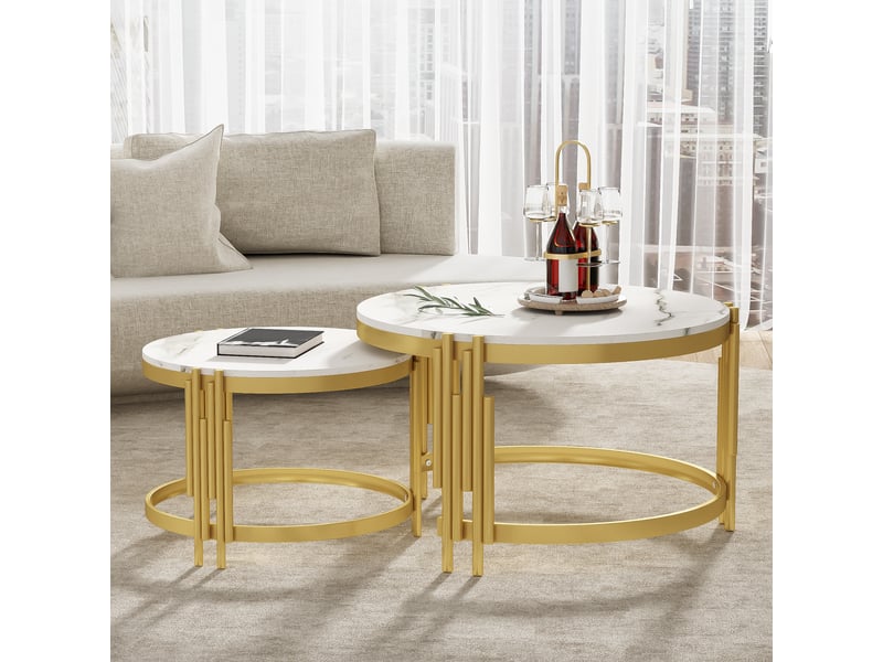  Tables basses 71,5x71,5x44 et 51,5x51,5x37 cm gigognes, 2 plateaux ronds en mdf décor marbre, métal doré et blanc ABC - Conforama D