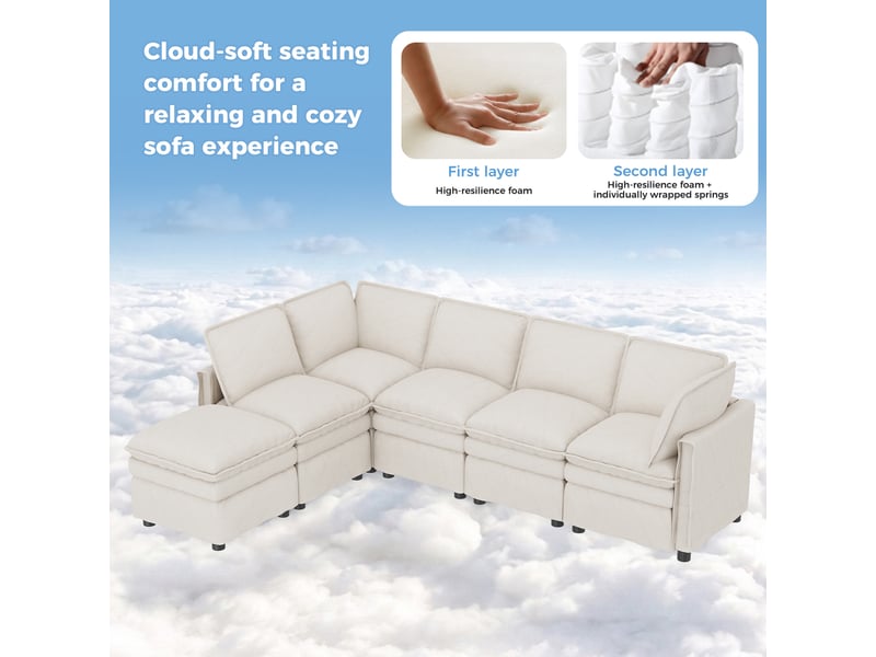 Canapé modulable xxl 6 places convertible avec fonction couchage, configuration u ou l, pouf mobile, double coussin d’assise, design avec passepoil, canapé en chenille pour salon et bureau - beige - Conforama E