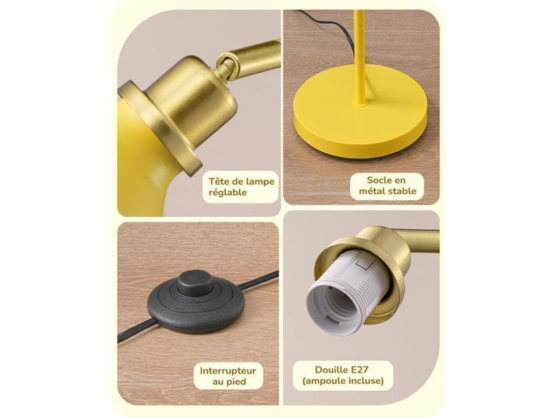  Lampe sur pied industrielle 155 cm tete orientable jaune metal e27 led 2700k 370618_AADDE38324_6_DROPFR - Conforama E