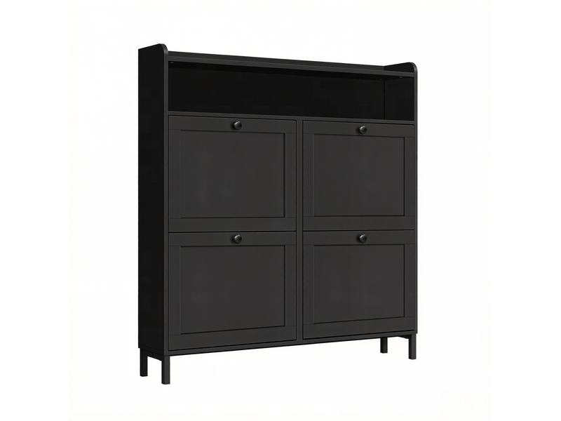  Meuble à chaussures étroit 100x19,5x107 cm, 4 abattants, 8 à 12 paires, panneaux mélaminés et métal, noir  - Conforama A