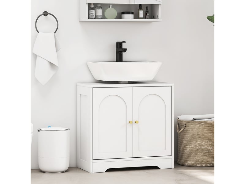  Meuble sous-évier à 2 portes, design arqué, étagère réglable, poignées dorées, 60 x 30 x 65 cm, blanc  - Conforama C