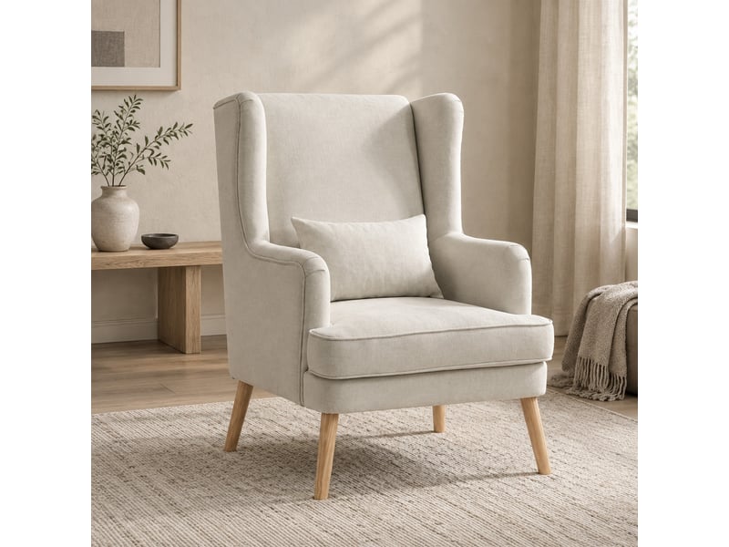  Fauteuil à dossier haut avec coussin lombaire, assise large rembourrée en tissu aspect lin beige, 91 × 80 × 51 cm  - Conforama C