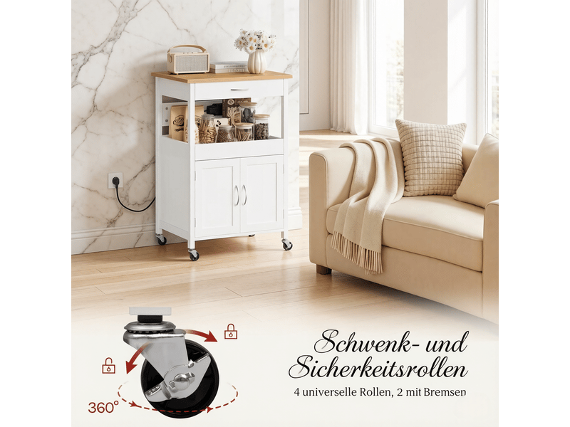  Desserte de cuisine avec 1 tiroir, 1 niche, 1 placard, 2 prises et 4 roulettes, pour cuisine, blanc, 60 × 45 × 92 cm  - Conforama E