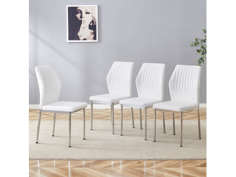  Lot de 4 chaises de salle à manger 93 cm pour cuisine, mobilier de repas, dossier à rainures, pu, blanc+argenté  - Conforama D