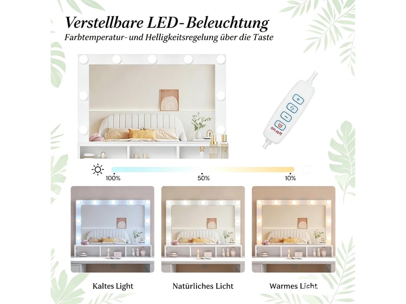 Coiffeuse,90x40x134,5 cm,avec miroir led, 6 tiroirs et rangements,mdf,blanche  - Conforama E
