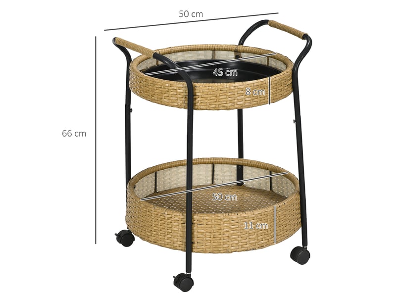  Desserte ronde 50 x 66 cm naturel en polyrattan, 2 plateaux avec roulettes et freins pour intérieur extérieur  - Conforama C