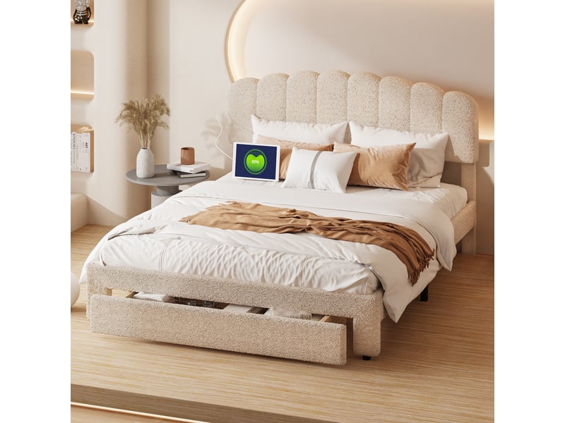 Lit rembourré 140 x 200 cm, tête de lit réglable avec port usb et tiroirs de rangement, beige,velours teddy,sans matelas - Conforama B