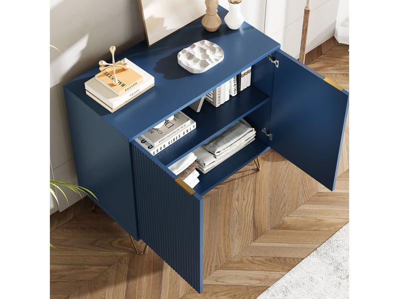  Buffet 80x40x78cm - meuble de rangement cannelé avec 2 portes, étagère réglable &amp; pieds métal dorés - bleu marine  - Conforama D