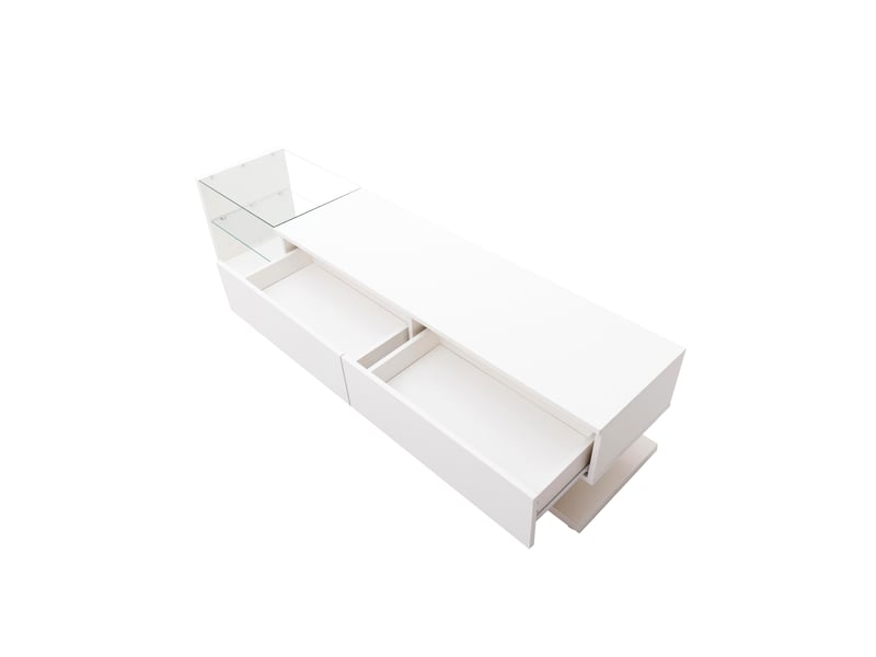  Meuble tv blanc laqué avec led 170 cm, banc tv moderne avec 2 tiroirs et étagères en verre  - Conforama E