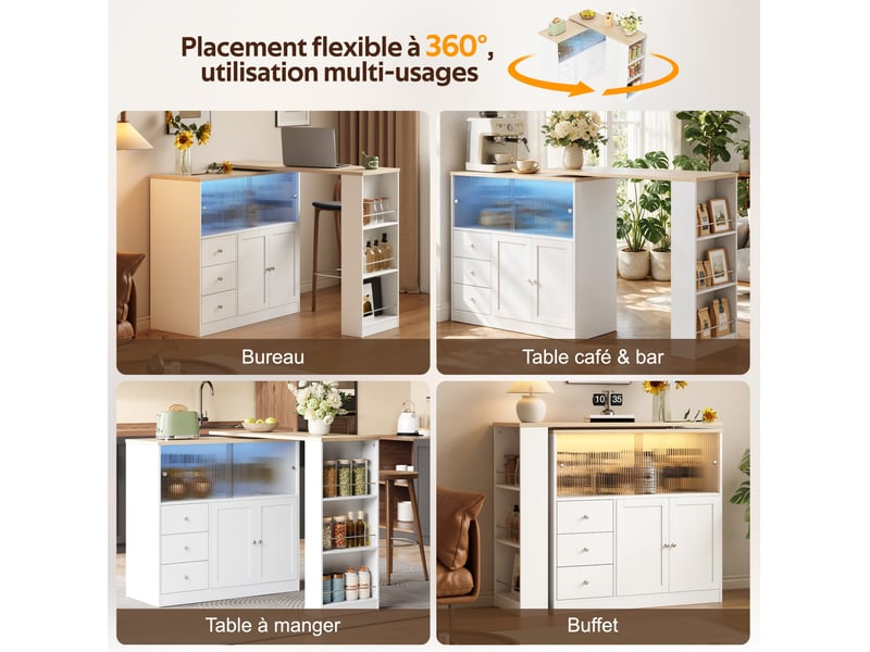  Desserte de cuisine extensible avec 3 tiroirs, porte coulissante en verre et led, mdf blanc, 172 × 40 × 96 cm  - Conforama E