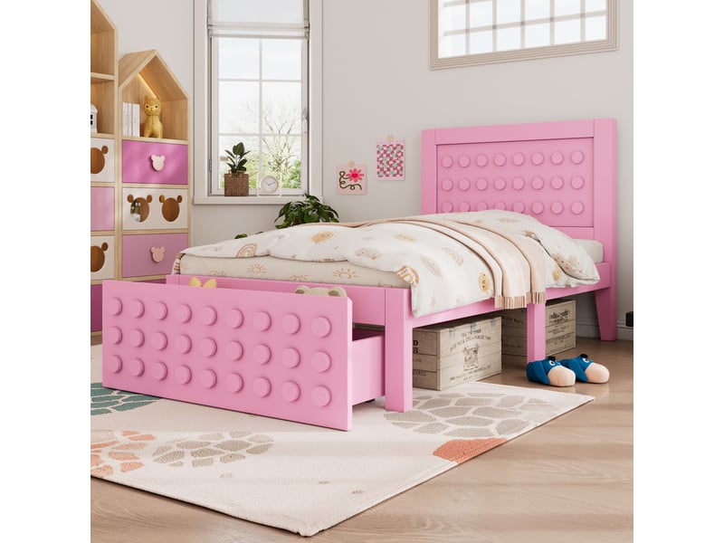  Lit enfant 90x200 cm avec tiroirs et espace de rangement, cadre de lit en bois massif avec sommier lattes, rose, lit 1 personne  - Conforama W