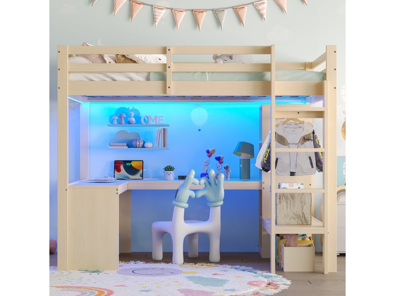  Lit mezzanine naturel 140×200 cm, pin et mdf, bureau sous le couchage, étagères multifonctions, éclairage led et usb  - Conforama B