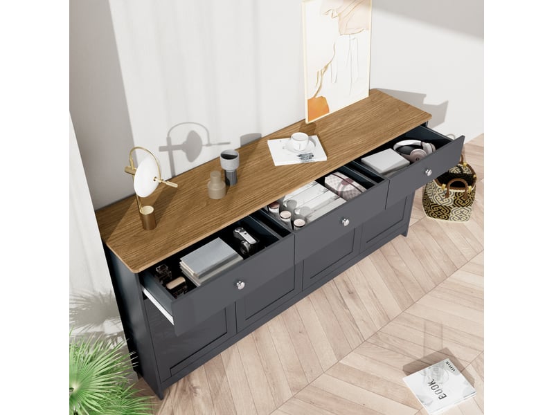 Buffet 160 x 37 x 75 cm gris noir et bois, mdf, 3 tiroirs, 4 portes, rangement pour salle à manger - Conforama B