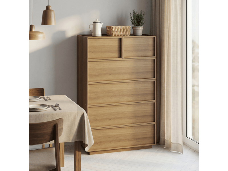  Commode 80x48x127 cm 6 tiroirs, mdf+aggloméré, sans poignées, couleur chêne, buffet, meuble cuisine, armoire de rangement  - Conforama B