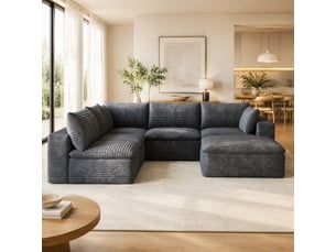 Canapé modulable 6 places 260 x 250 cm en velours côtelé gris foncé, mousse haute densité, sans montage