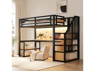Lit mezzanine 90x200 cm noir avec bureau, étagères, escalier, led et prise