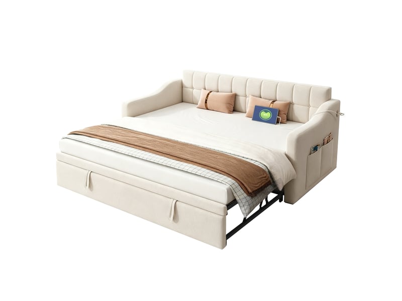 Lit gigogne 90x190 cm avec ports usb en métal beige, canapé-lit multifonction avec poche de rangement, sans matelas  - Conforama A