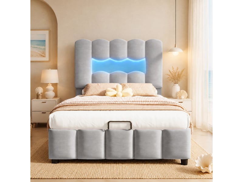  Lit coffre 90x200 cm éclairage led, tête de lit réglable en velours gris  - Conforama C